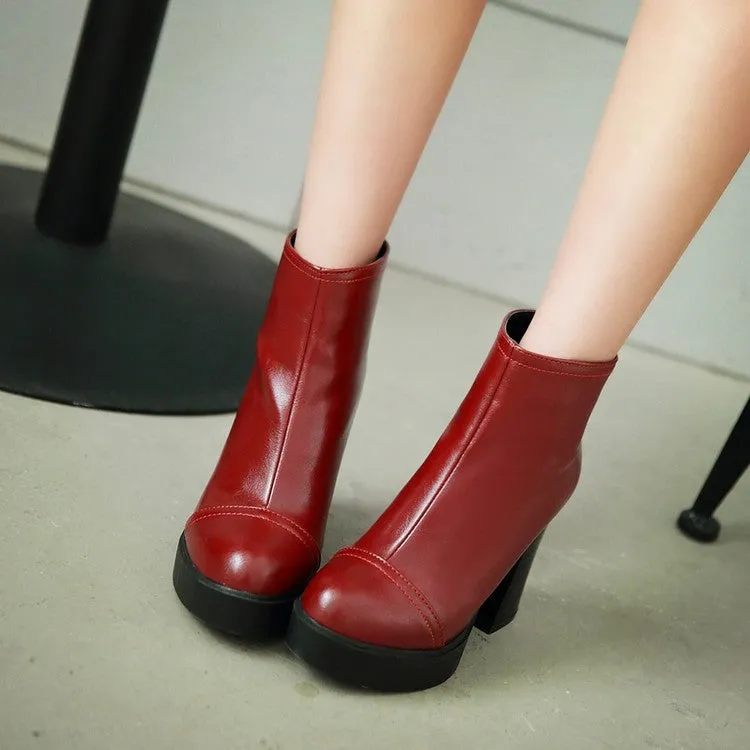 Women's Pu Leather Round Toe Back Zippers Block Chunky Heel Platform Short Boots