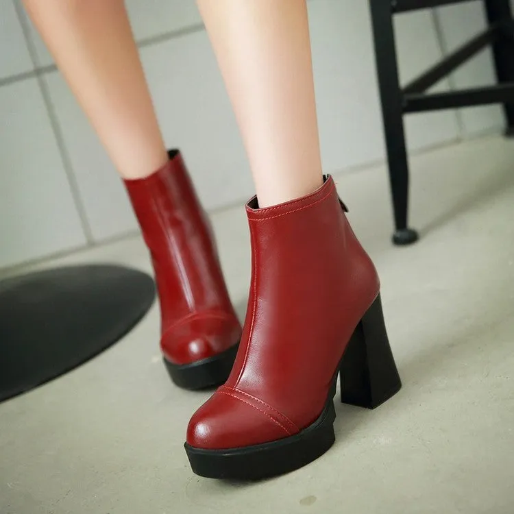 Women's Pu Leather Round Toe Back Zippers Block Chunky Heel Platform Short Boots