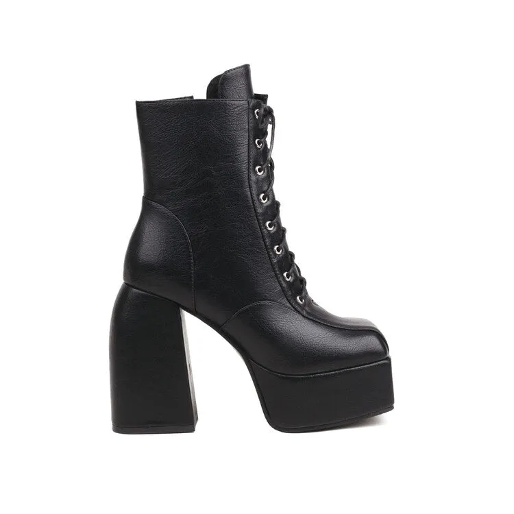 Women's Square Toe Lace-Up Side Zippers Block Chunky Heel Platform Ankle Boots